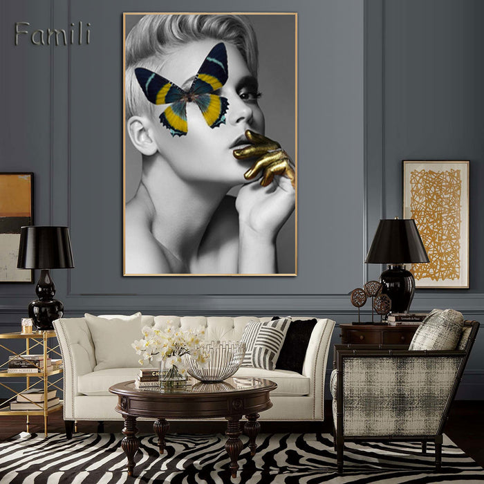 Woman Butterfly Lips Gold And White Black